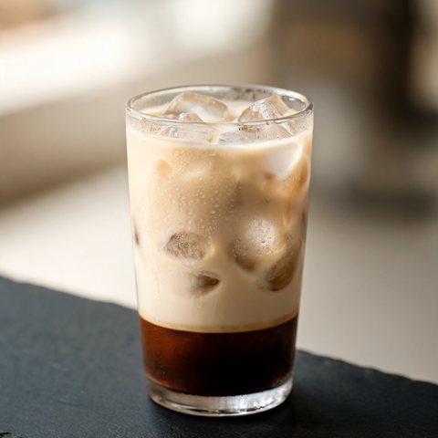 Iced vanilla latte with layered milk and espresso